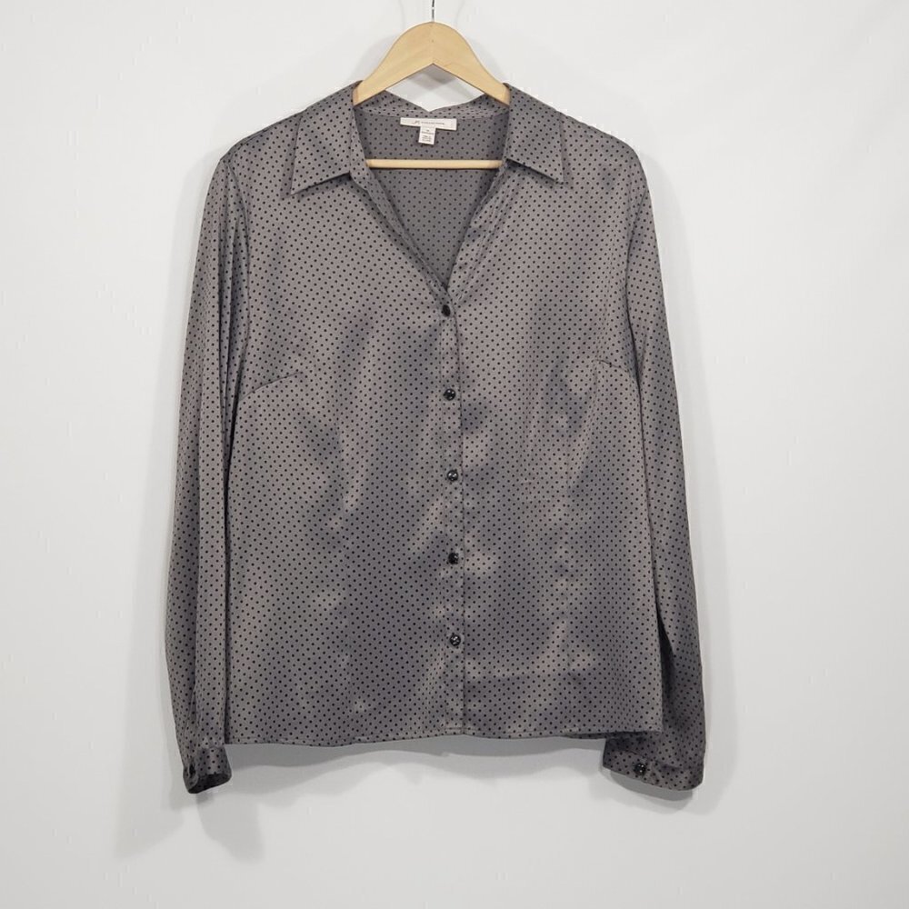 JM Collection Grey & Black Polka Dot Button Down Silky Blouse Size 18